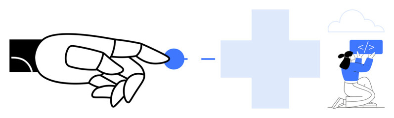Robotic hand interacts with a blue dot, connected to a developer holding a code panel. Ideal for technology, AI, automation, innovation, software development, teamwork, simple landing page
