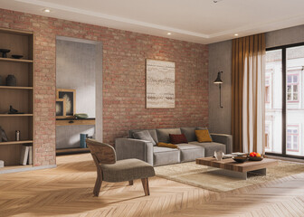 Modern living-dining space with exposed brick wall, gray sofa, wooden furniture, and warm minimalist decor, 3d render