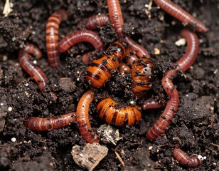Several brown earthworms with subtle segment markings wriggling in dark, moist soil, some gathered in a clump