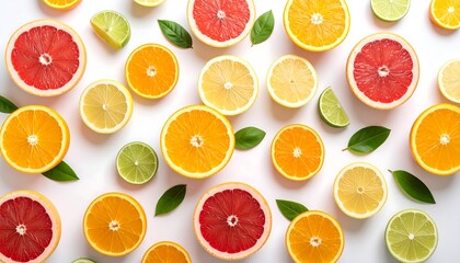 Vibrant Citrus Fruits Sliced and Arranged on White Background