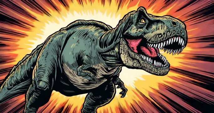 Starting sequence showing roaring T rex standing in comic panel with radial burst background