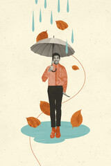 3D collage trend artwork composite sketch poster of young man excited stand hand hold umbrella...