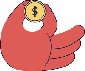 Illustration of a red hand holding a gold coin with a dollar sign.