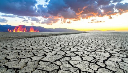 A parched, cracked landscape stretches to the horizon, under a dramatic sky with fiery sunset hues and distant, blurred mountains