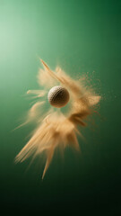 High-speed photo: centered golf ball silhouette amid erupting golden-beige sand; emerald gradient backdrop, crisp grains, subtle light rays, abundant negative space, impact frozen.