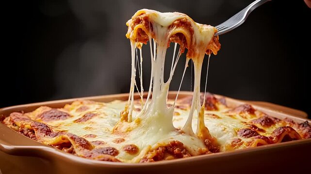 Delicious cheesy lasagna being lifted with a fork from a baking dish, steam rising in the background