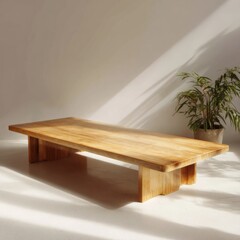 Minimalist Wooden Table with Natural Light and Green Plant Accent
