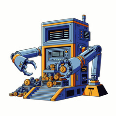 A retro-futuristic robot diligently manages and processes a large amount of currency, symbolizing financial technology and automation.