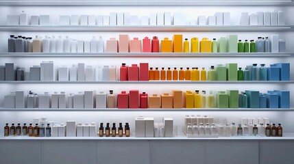 Colorful bottles of cosmetic products arranged neatly on illuminated shelves in a retail store display