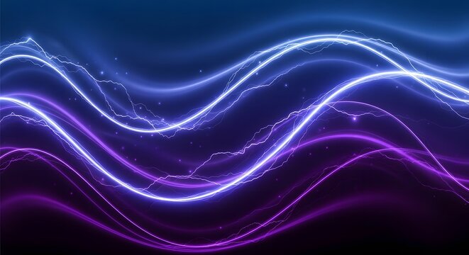 Abstract digital concept of flowing plasma energy waves and electric light streams in vibrant blue and purple neon