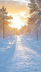 Fototapeta premium Serene Sunset Illuminates Snow-Covered Pathway in Tranquil Scandinavian Forest During Winter Season