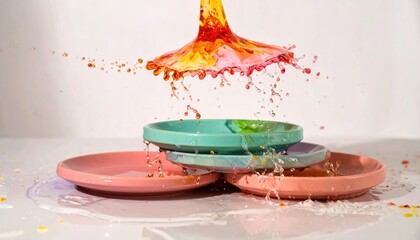High-speed shot of colorful liquid bursting upwards after impacting stacked pastel dishes, splashing onto a white background