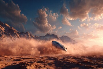 Fototapeta premium Space capsule landing on red Martian surface, dust clouds, distant mountains, sunrise lighting creating dramatic shadows.