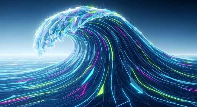 A luminous, digital wave crests, its form composed of vibrant, glowing lines.