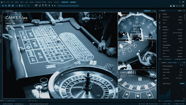 CCTV Footage Displays Casino Games. Main Screen Shows Roulette Table With Wheel and Betting Layout. Smaller Screens Reveal Blackjack and Poker Tables. Surveillance Software Template Split Screen