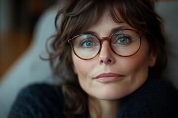 Close-up portrait of a brunette girl in glasses and a brown sweater smiling confidently at the camera while holding her hands near her face at home, Generative AI
