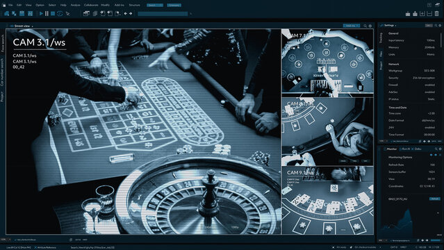 CCTV Security Displays Casino Gaming Tables. Main Screen Shows Blackjack Table With Cards and Chips. Smaller Screens Reveal Other Games. Surveillance Software Template Split Screen