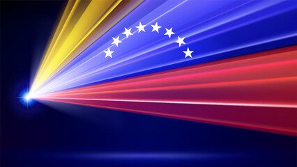 Flag of venezuela. Venezuelan abstract flag. Laser show. Spotlight on dark blue background. Multicolor template of banner, poster for national holiday of venezuela. Place for text. Copy space. Vector