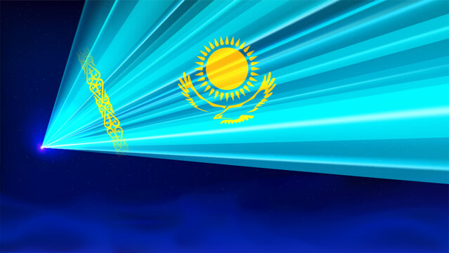 Laser flag of kazakhstan. Laser show on dark blue background. Kazakh abstract national flag. Multicolor template of banner, poster for national holiday kazakhstan. Place for text. Copy space. Vector