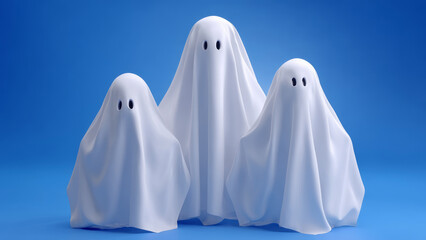 Three family members wearing white ghost Halloween costume standing together on blue background for festive fun