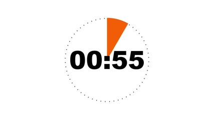 1 minute countdown timer animation. 1 minute circle Countdown timer from 60 to 0 animation on white background. 1 minute Digital Countdown Timer Animation. 4k motion video.