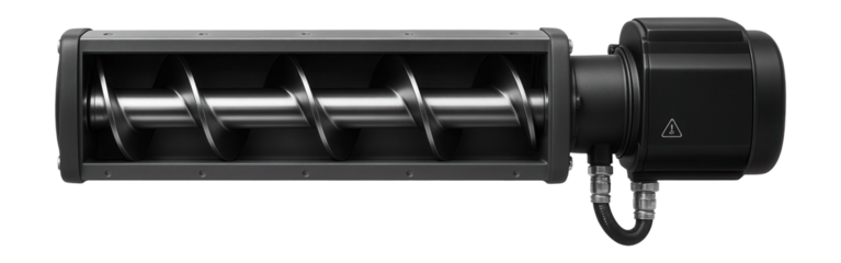 Horizontal screw conveyor with a powder-coated steel housing and a side-mounted motor for transporting sawdust in a wood processing facility.