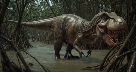 Breaking through mangrove roots, Tyrannosaurus rex striding in murky swamp water, projecting threat - Powered by Adobe