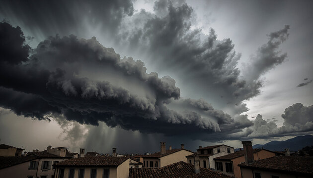 Dramatic storm clouds over Mediterranean town rooftops