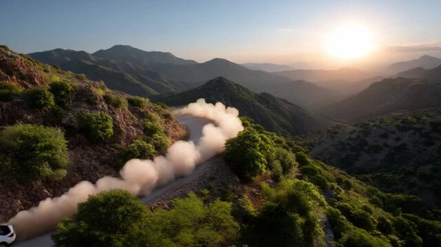 Adventure driving on serpentine road mountain landscape aerial view sunset glow outdoor exploration