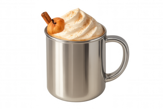 Pumpkin spice latte crowned with whipped cream, miniature pumpkin, cinnamon stick in metallic mug against transparent backdrop