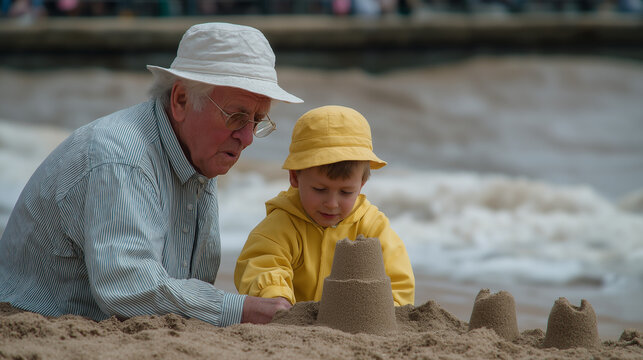 An enthusiastic grandpa builds sandcastles with his 9 year old grandson on a beach with buckets filling moats digging and waves lapping nearby captured in a sandy photo with gra