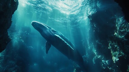 Naklejka premium Beautiful underwater whale glowing in shimmering ocean sunlight beams picture