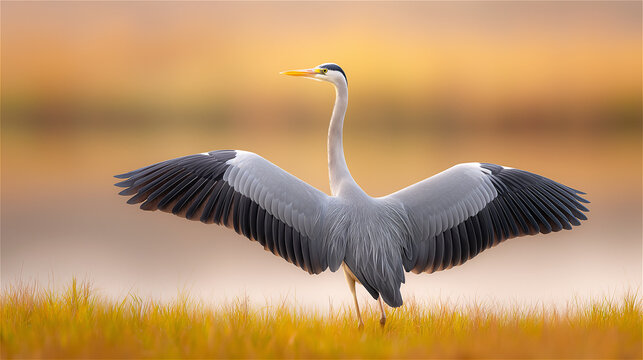 White heron spreads wings above grassy wetland in soft warm light, feathers detailed with elegance and natural beauty. Scene symbolizes wildlife, freedom, adaptation and harmony with environment.