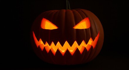 Fototapeta premium Spooky Jack-o'-Lantern with glowing orange eyes and zig-zag mouth on a black background, perfect for Halloween celebrations and festive decorations