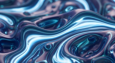 Futuristic abstract background of a flowing, iridescent liquid metal surface with vibrant, luminous neon waves and ripples
