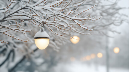 Snow-covered tree branches with hanging lamp glowing softly in winter scene, warm light contrasts cold tones. Scene symbolizes seasonal tradition, comfort, nostalgia and holiday spirit.