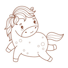 Outline Cute Little Charming Horse. Adorable Pony Kawaii Animal. Line drawing, coloring book. Vector illustration. Not AI