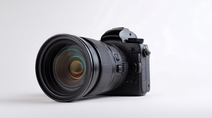 Fototapeta premium Professional camera on a white background, emphasizing the look