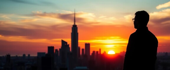 Fototapeta premium Silhouetted figure in cityscape at sunset, contemplating future, silhouette, modern