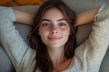 Close-up portrait of a serious woman in glasses looking confidently at the camera at home, Generative AI