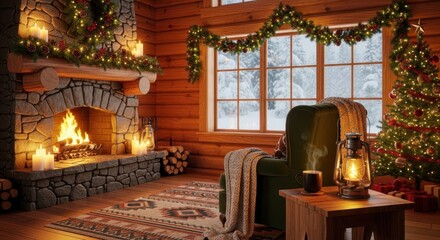Obraz premium Cozy Christmas Cabin Living Room with Fireplace and Tree