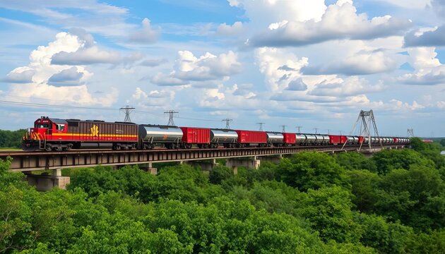 Rail cars on Laredo's Texas-Mexico Railway International Bridge, lush greenery, partly cloudy sky,  partly cloudy,  travel