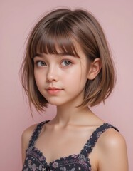 A portrait of a young girl with a short hairstyle and soft features, set against a pastel pink background.