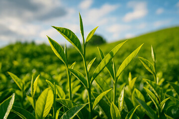 &ldquo;Fresh Green Tea Leaf with close up". the image was generated by ai