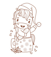 Outline Happy Christmas Horse in Santa hat with Candy in Cup. Cute New Year Pony kawaii animal. Line drawing, coloring book. Symbol 2026 year to Eastern calendar. Vector illustration. Not AI