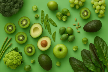 &ldquo;Fresh Green Fruits & Vegetables Flat Lay&rdquo;. the image was generated by ai