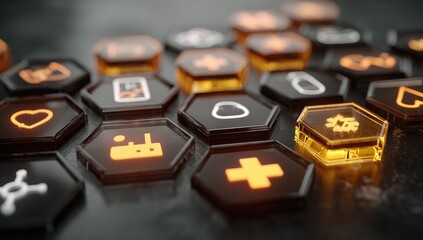 Hexagonal interface with glowing icons