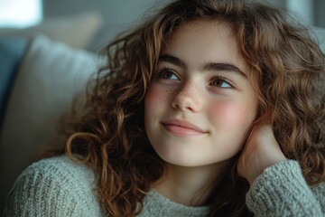 Smiling brunette girl with curly hair sitting on a sofa at home, looking away thoughtfully in a close-up shot, Generative AI