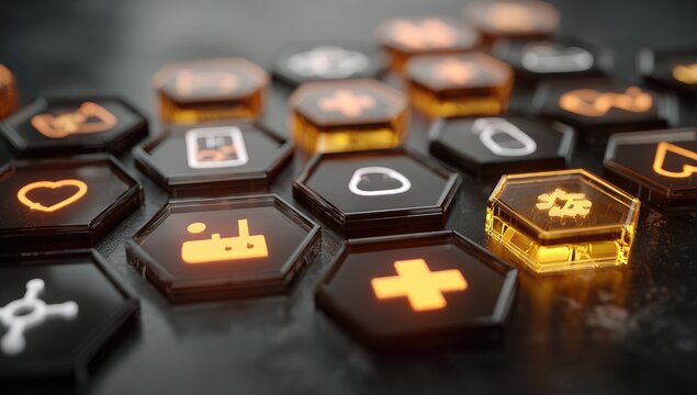 Hexagonal interface with glowing icons