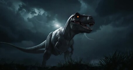 Thunder rumbling, T-rex scanning and stepping forward on grassland asserting dominance in lightning - Powered by Adobe